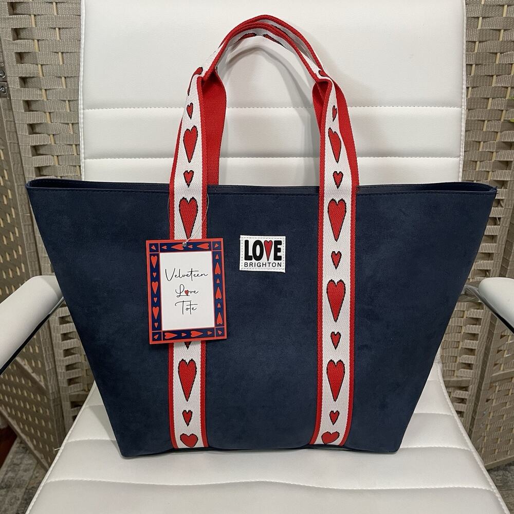 Brighton Velveteen Love Tote Bag 12” Navy Hearts Travel Shopping NEW With Tag
